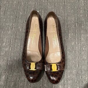 Salvatore Ferragamo Brown Flats with Gold Bow